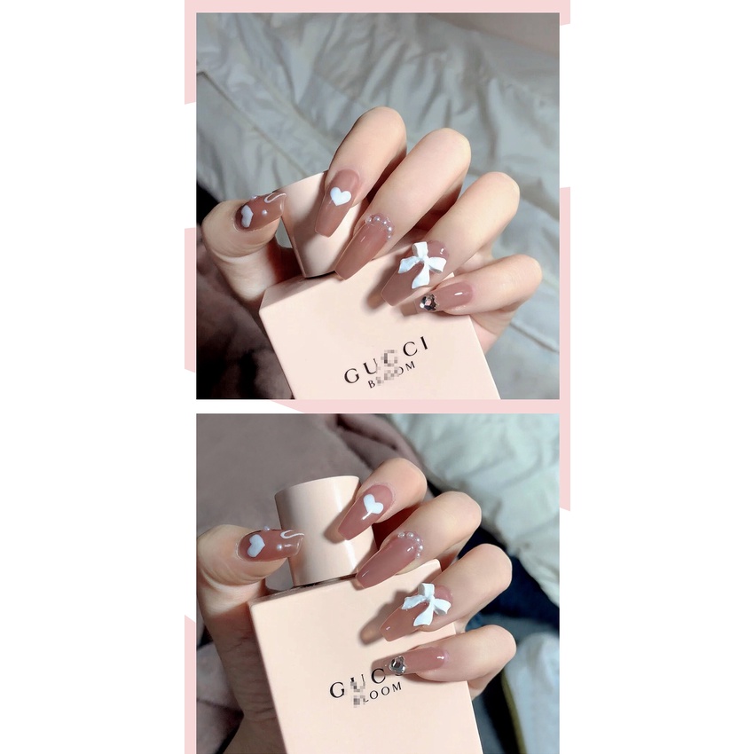 Bộ 24 móng tay giả vintage đính đá đính nơ Jojo X15 móng giả nailbox hotrend kèm keo tự làm tại nhà