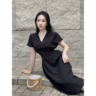 Đầm midi đen xếp ly eo cổ V