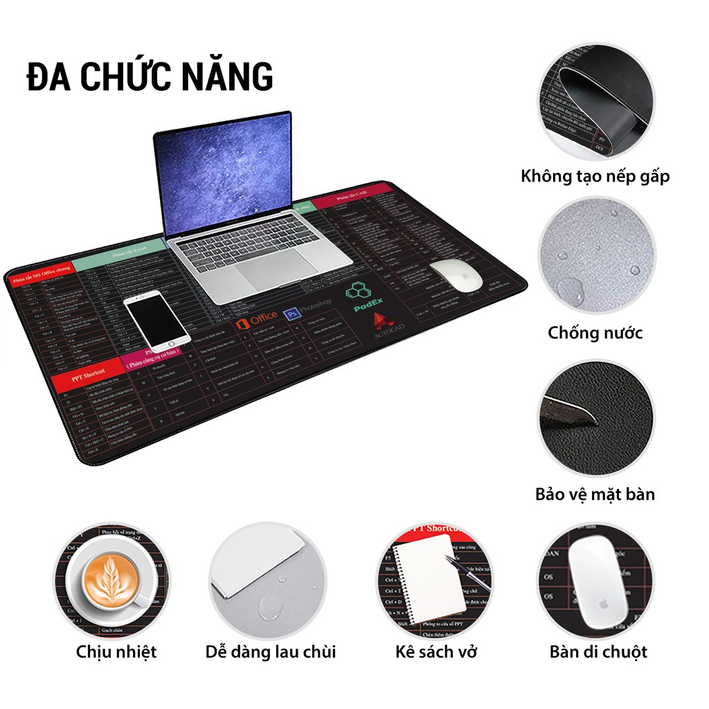 [CHỐNG NƯỚC] Miếng lót chuột/ Pad chuột in phim tắt Excel, MS-Office, Photoshop, Autocad cỡ lớn 800x300x4(mm)