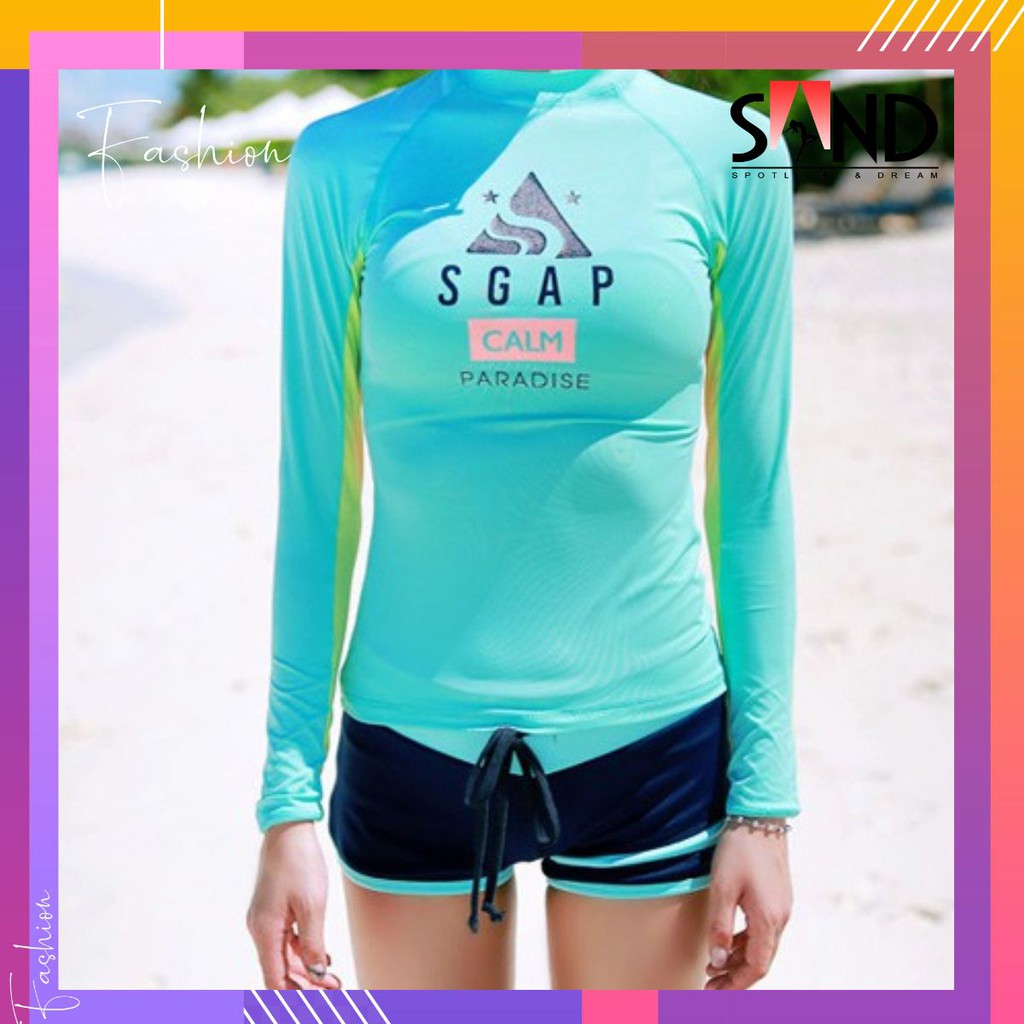 [Có sẵn] Đồ Bơi Tay Dài Nữ - Nữ Xanh Phối Dạ (Bikini/ Áo Tắm/ Mokini/ Tankini/ Đồ Bơi Đi Biển)