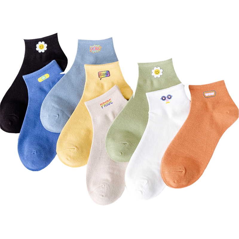 Cartoon Hot Stamping Solid Color Floral Ankle Socks Women Cute Girls Cotton White Black Anklet Boot Socks Low Cut Slipper Socks