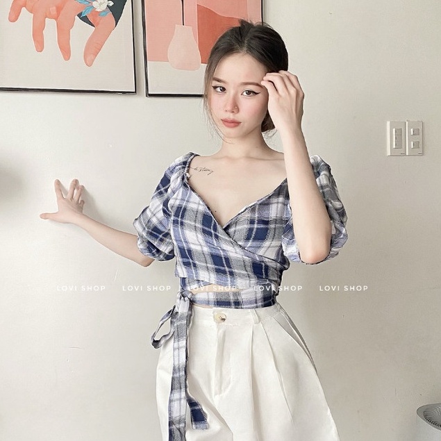 Áo caro đắp chéo cột nơ 2 màu caro Xanh- Đen Lovi