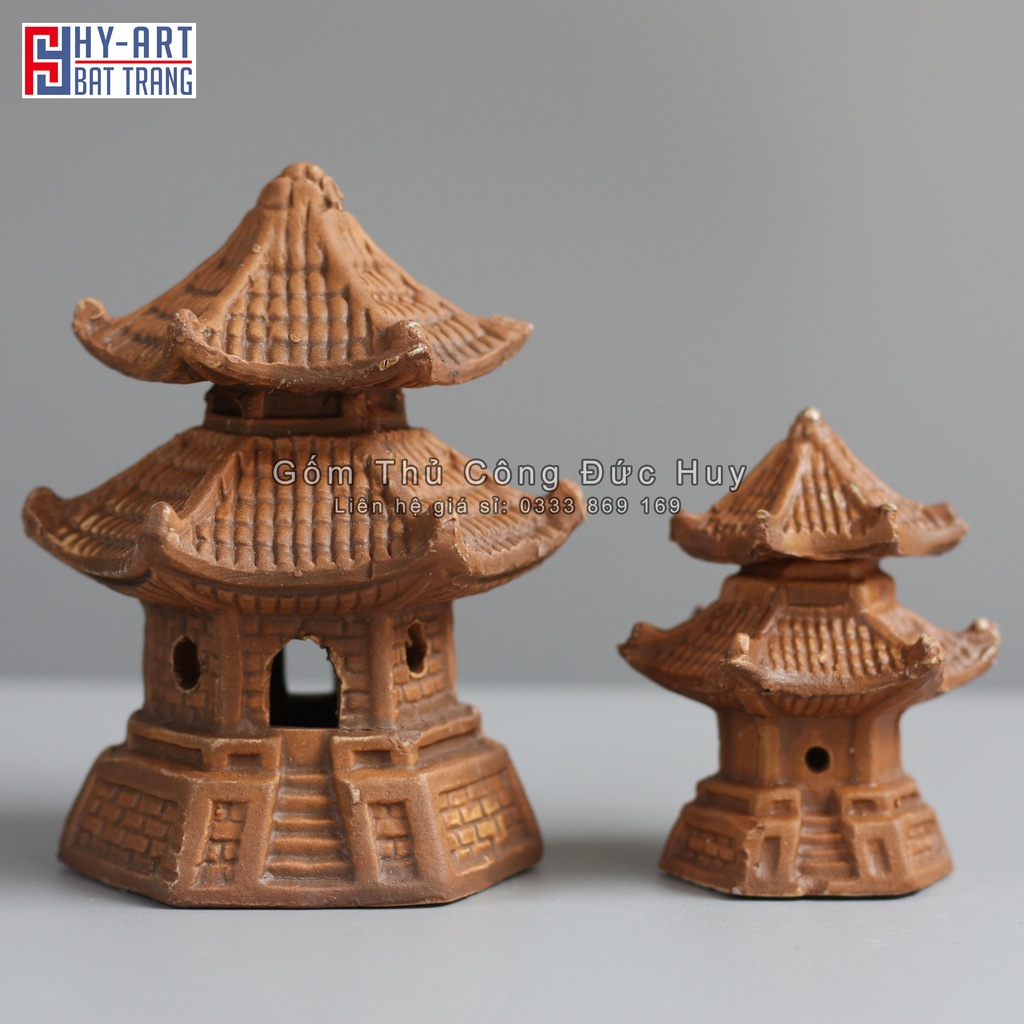 Mô hình gốm tháp lục giác phụ kiện trang trí hòn non bộ mini đẹp