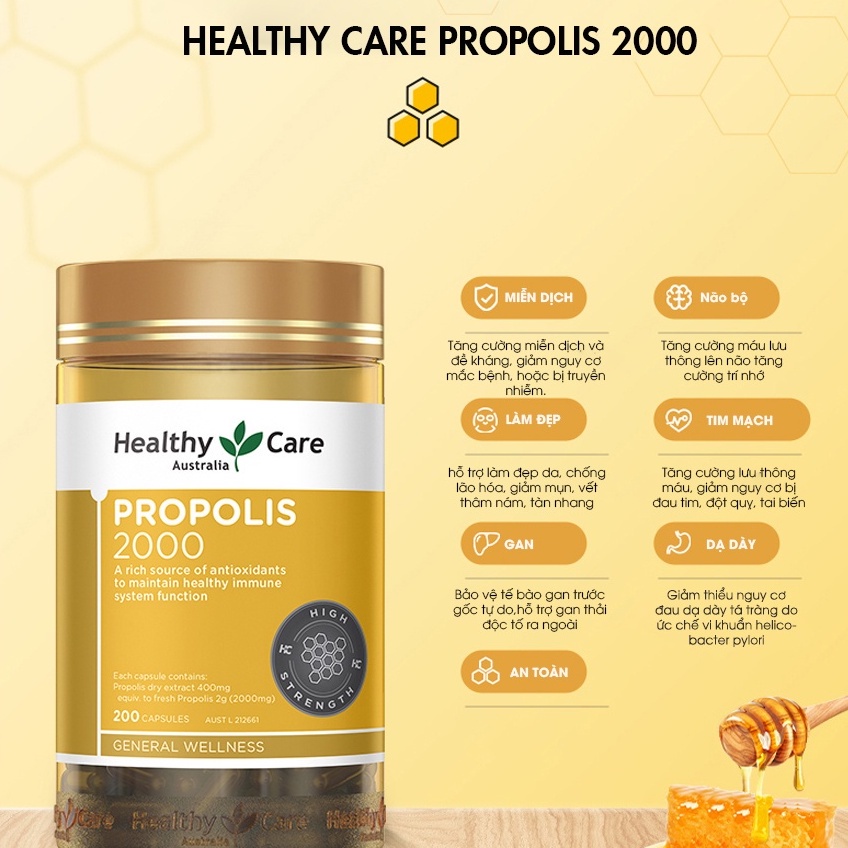 Viên uống keo ong Healthy Care Propolis tăng cường miễn dịch 200 viên