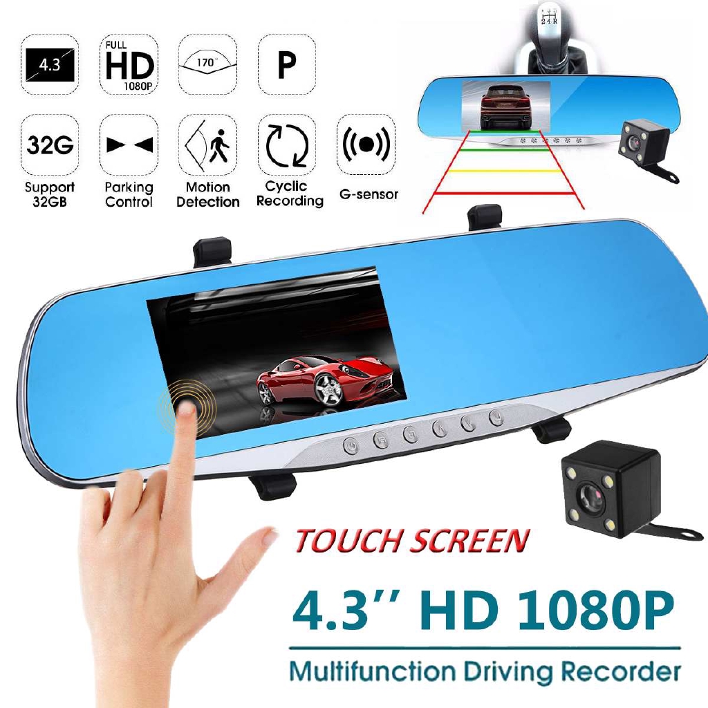 EVKVO - 4.3 Inch Touch Screen Camera hành trình xe hơi Full HD 3MP Dashcamera Dual Lens Car Dash Camera Camcoder Car DVR 170°Wide Angle Front and Rear Mirror Mount DVR,Dashboard Display with G-Sensor,WDR,Loop Recording,คืนวิสัยทัศน์