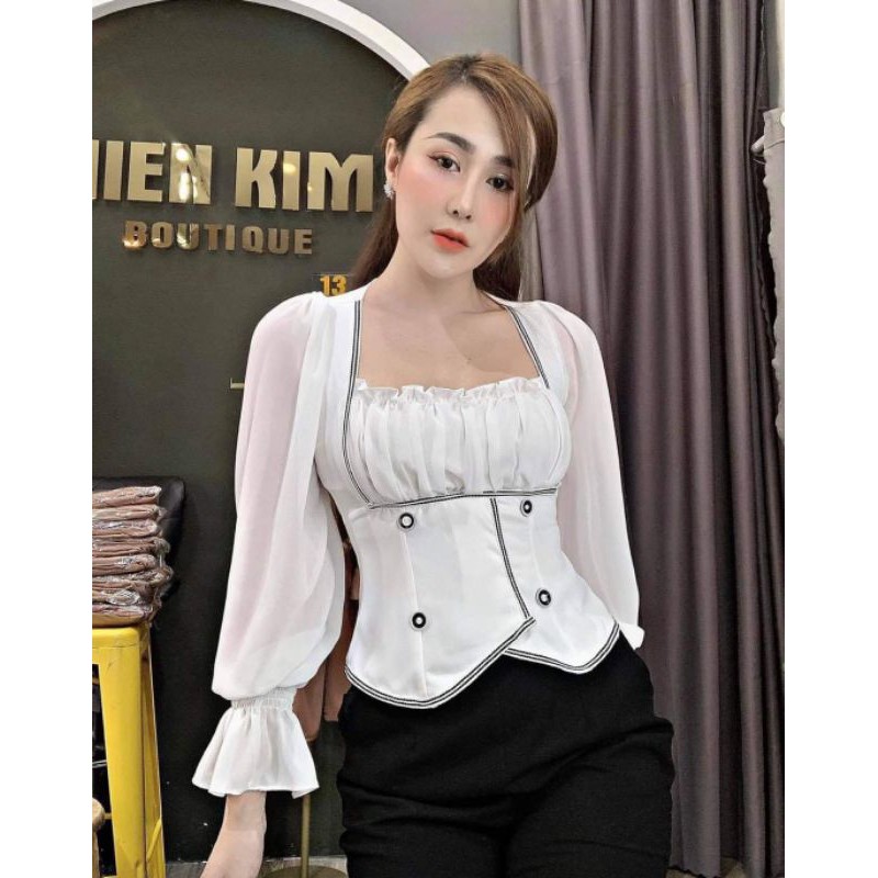 Set bộ tay dài cổ vuông phối viền trắng nút quần ống suông nhỏ bigsize 40-72kg | BigBuy360 - bigbuy360.vn