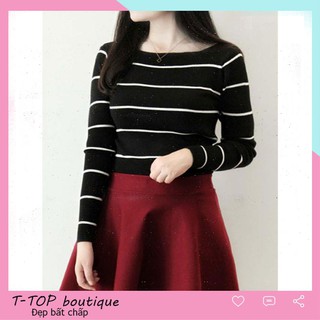 Áo len nữ đẹp dài tay, áo len kẻ sọc ngang hàng Quảng Châu cao cấp