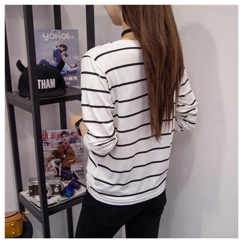 New black and white striped long-sleeved t-shirt loose T-shirt