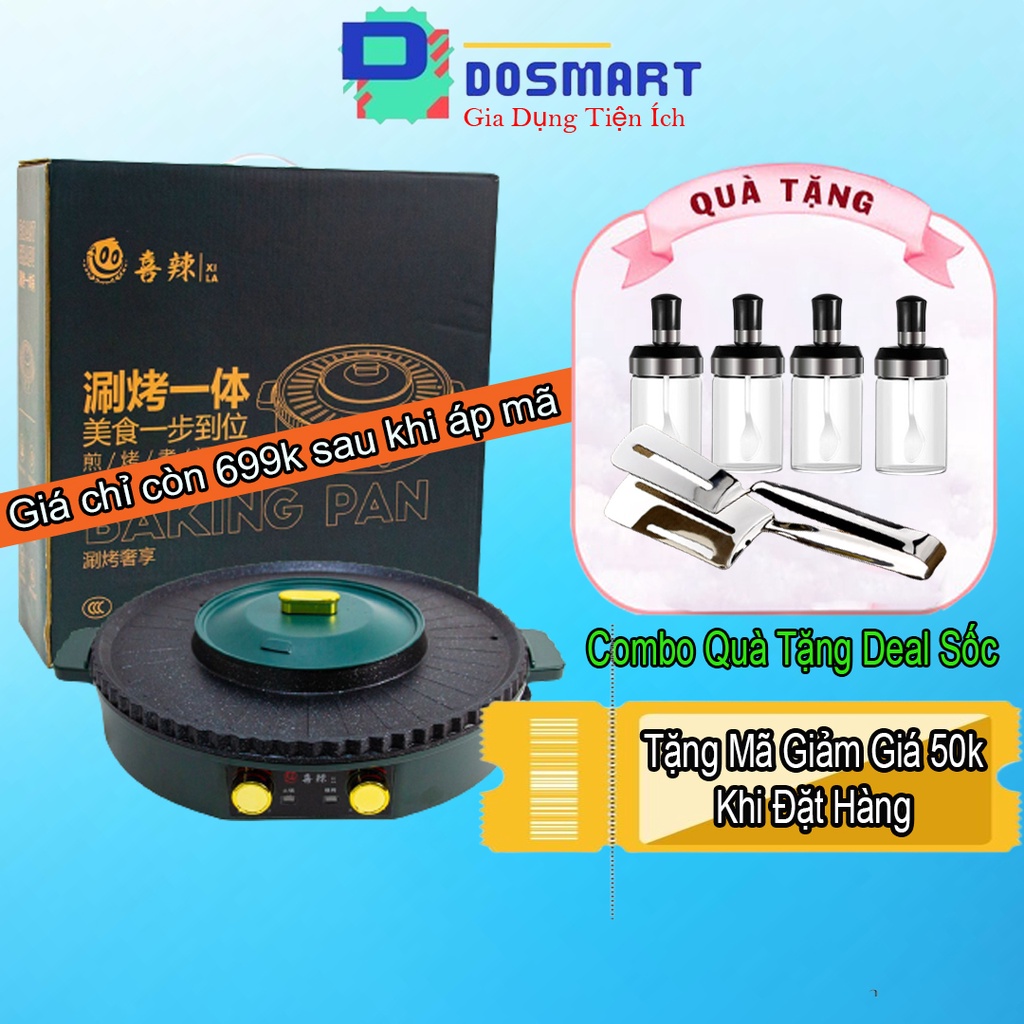 Bếp lẩu nướng 2 in 1 đa năng kết hợp lẩu nướng, loại 50x11x11cm bề mặt gang chống dính, không khói, siêu tiện lợi