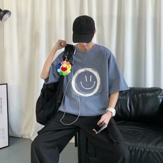 áo thun nam form rộng Chuẩn Form Trẻ Trung Áo thun nam cổ tròn cao cấp cotton màu Thời Trang Mẫu in khuôn mặt cười Áo phông nam