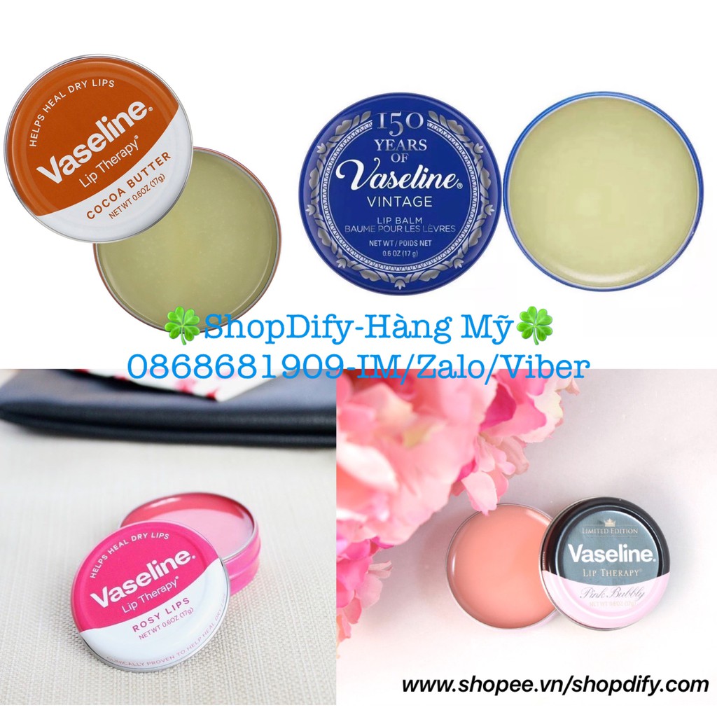 {Hàng Mỹ} Son Sáp Dưỡng môi VASELINE LIP THERAPY Lip Balm hộp thiếc Rosy, Vanilla, Gold Dust Shimmer, Pink Bubby, Cocoa