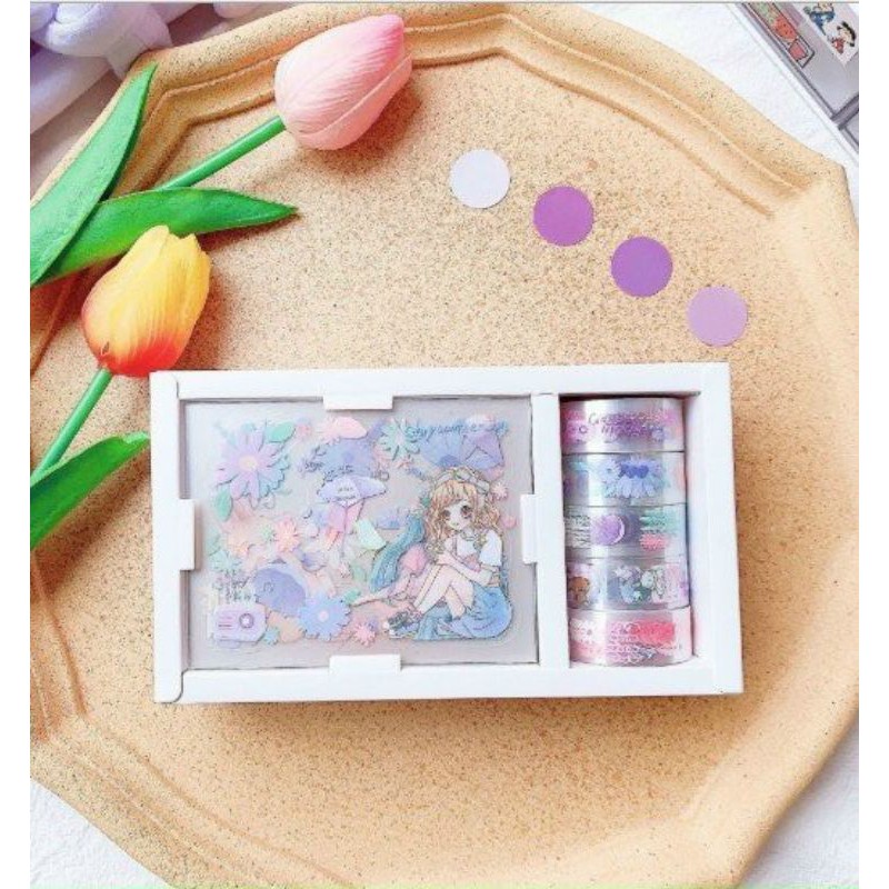 Hộp 10 washi tape + 10 sticker hình dán dễ thương