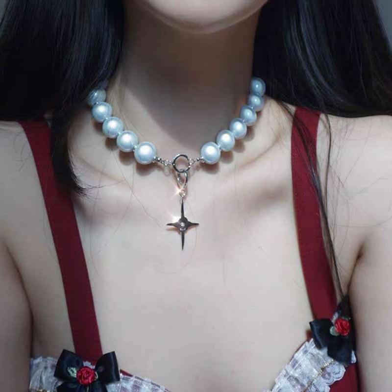 Ivy Super Bright White Pearl Chokers Fluorescence Ball Pearl Chain Cross Starlight Pendant Necklace Women Fashion Jewelry