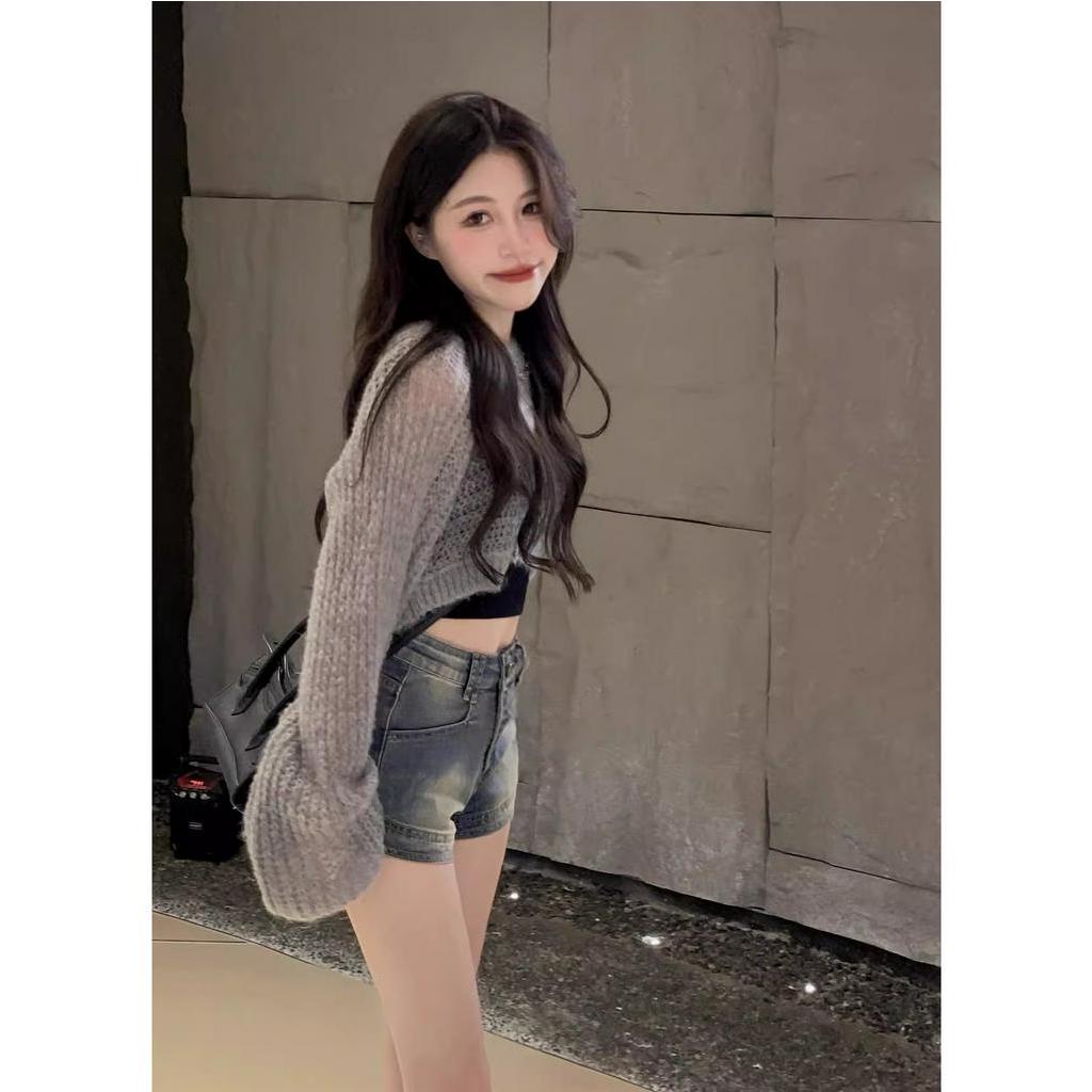 Xiaozhainv Quần Short Denim Lưng Cao Dáng Chữ A Phong Cách Retro Hàn Quốc Cho Nữ