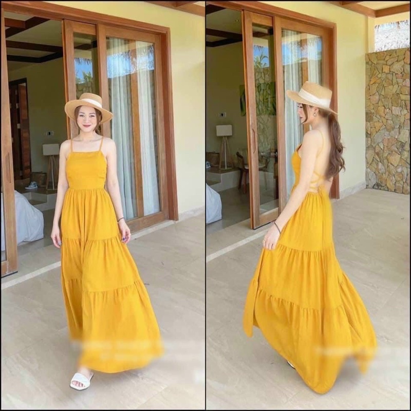 Đầm Maxi Hở Lưng Đi Biển V60, Váy Hai Dây Đan Lưng Dáng Dài Mùa Hè Ảnh Thật Lekemqc 🦋