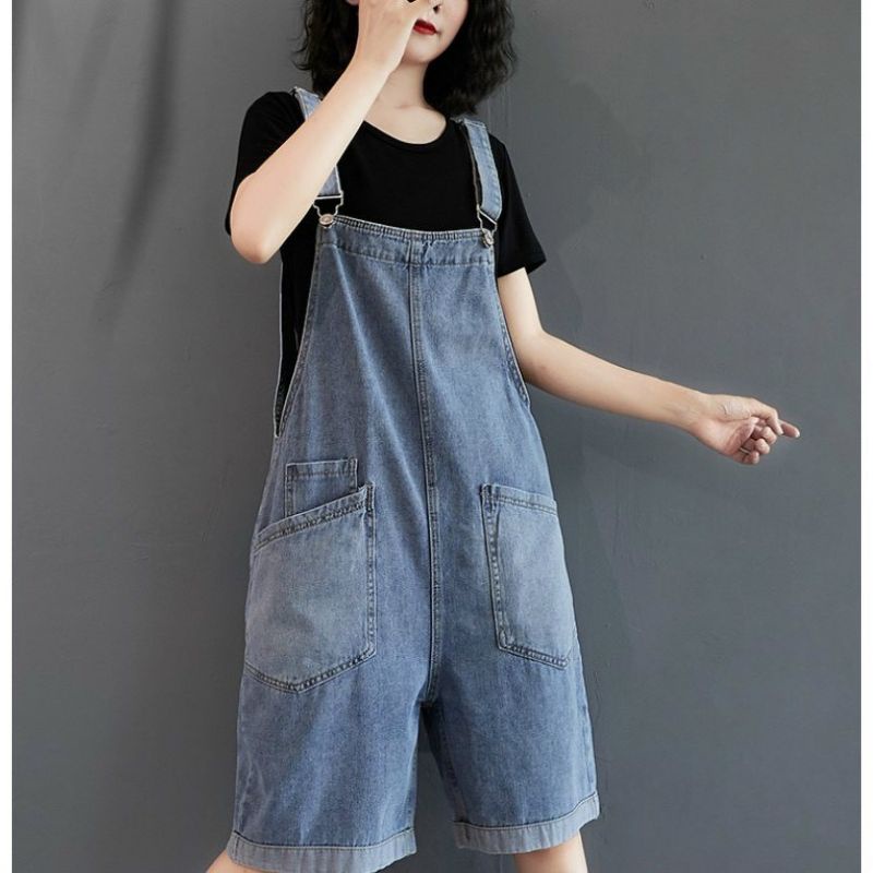 Yếm jean nữ kiểu quần short lững form rộng chất denim có túi hai bên hông thời trang hàn quốc màu xanh