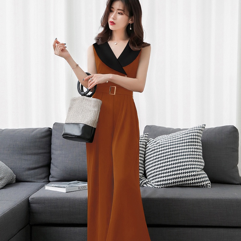 Jumpsuit dài ống rộng sang chảnh đồ bay nữ cổ phối màu kèm belt xinh xắn như hình J1148