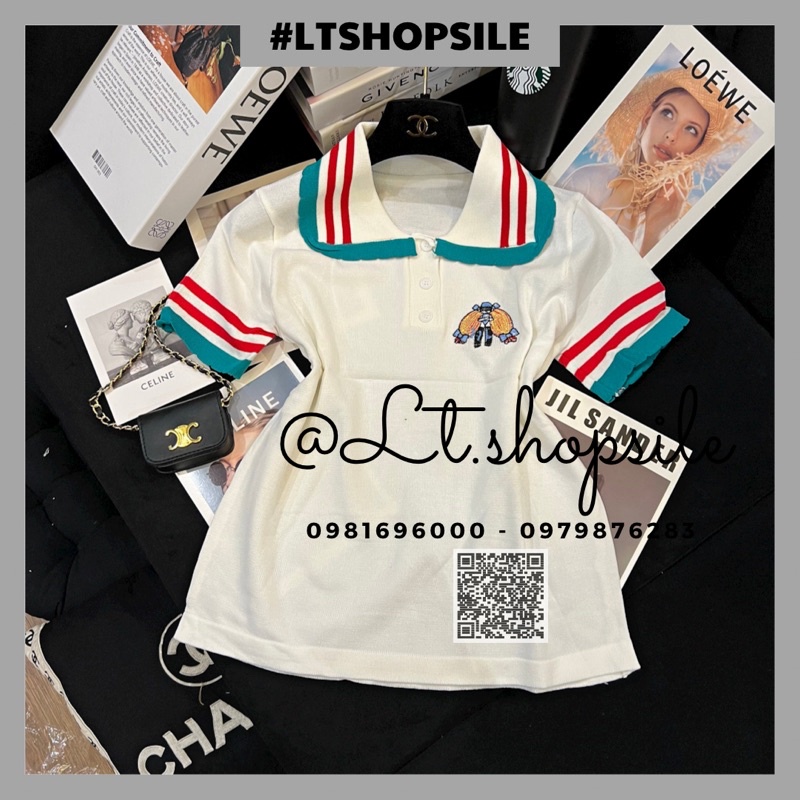 Áo len nữ cổ polo phối tay viền xanh đỏ, hình thêu, len mongtoghi A021