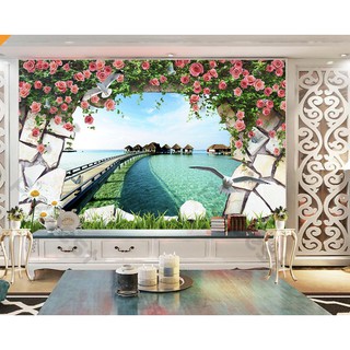 Tranh dán tường Hoa hồng dây trên bãi biển Maldives, Tranh 3d dán tường (tích hợp sẵn keo) MS641287