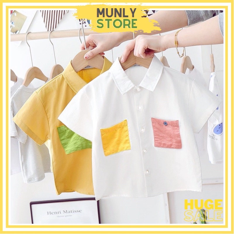 Áo Sơ Mi Bé Trai Bé Gái Hàn Quốc - Áo Cộc Tay Chất Đũi Size 8-25kg 2T