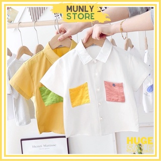 Áo Sơ Mi Bé Trai Bé Gái Hàn Quốc - Áo Cộc Tay Chất Đũi Size 8-25kg 2T