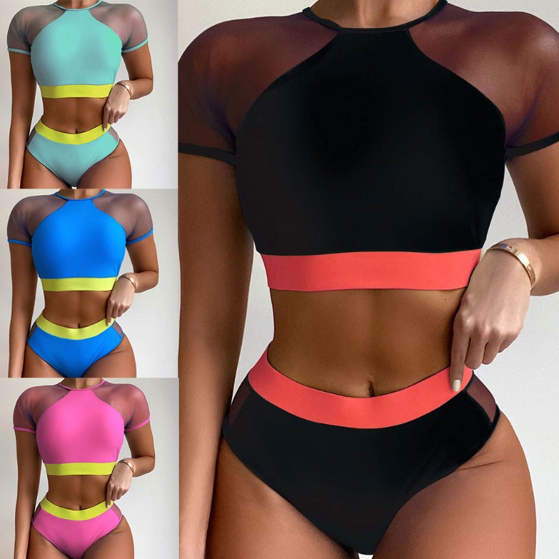 Bộ Bikini 2 Mảnh Áo Croptop Tay Ngắn Phối Quần Lọt Khe Eo Cao Phối Lưới Màu Sắc Tương Phản Quyến Rũ Cho Nữ