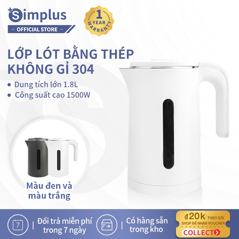 [Mã BMBAU50 giảm 10% đơn 99k] Bình đun siêu tốc Simplus (1.8L) lớp cách nhiệt chống bỏng tự ngắt điện khi sôi