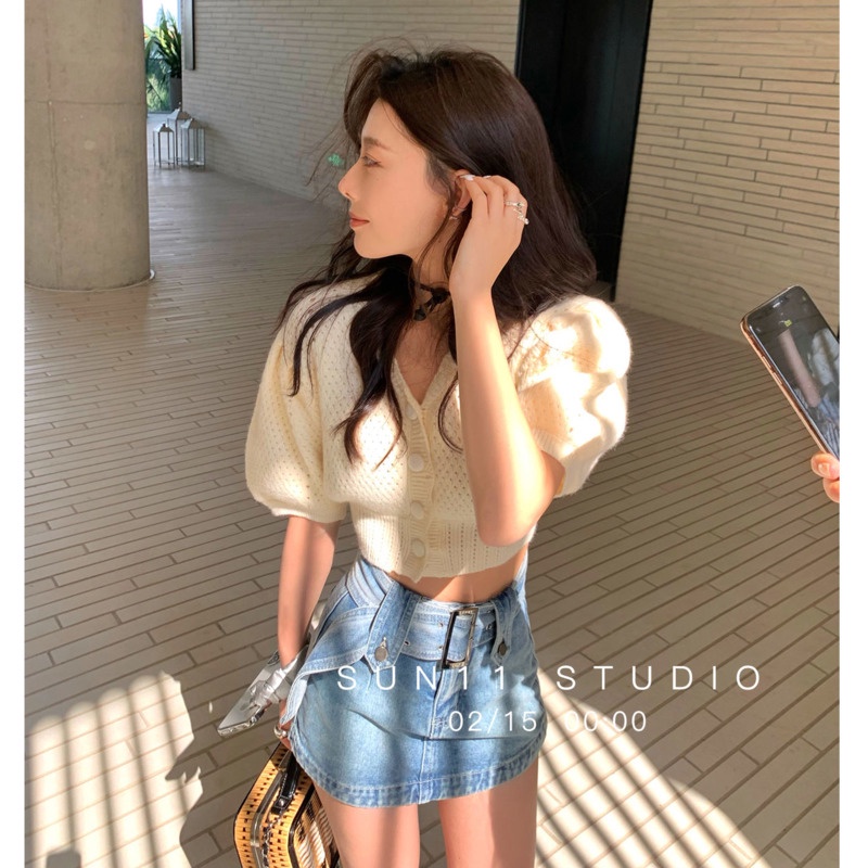 Áo cardigan Ngắn Tay Cổ Chữ V Thiết Kế Đục Lỗ Thời Trang Mùa Xuân Mới Cho Nữ