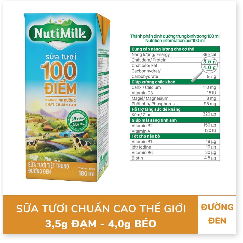 Lốc 4 Hộp NutiMilk Sữa tươi 100 điểm - Sữa tươi tiệt trùng đường đen 180ml L4.STDD180CRN - Thương Hiệu NUTIFOOD -AZKids