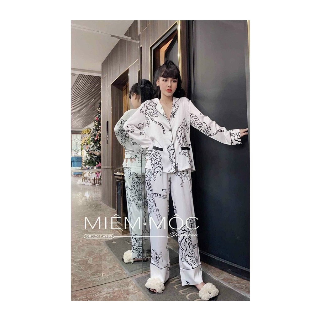 Bộ đồ ngủ mặc nhà LyLy dài tay lụa satin kiểu pijama hoạt tiết sang trọng L232 | BigBuy360 - bigbuy360.vn