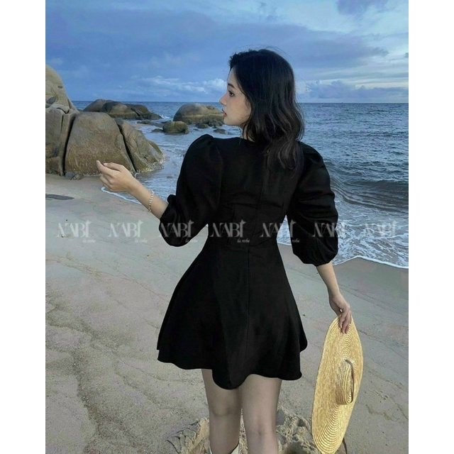 Đầm babydoll tay phồng cột nơ ngực hai màu xinh Gb alohashop91