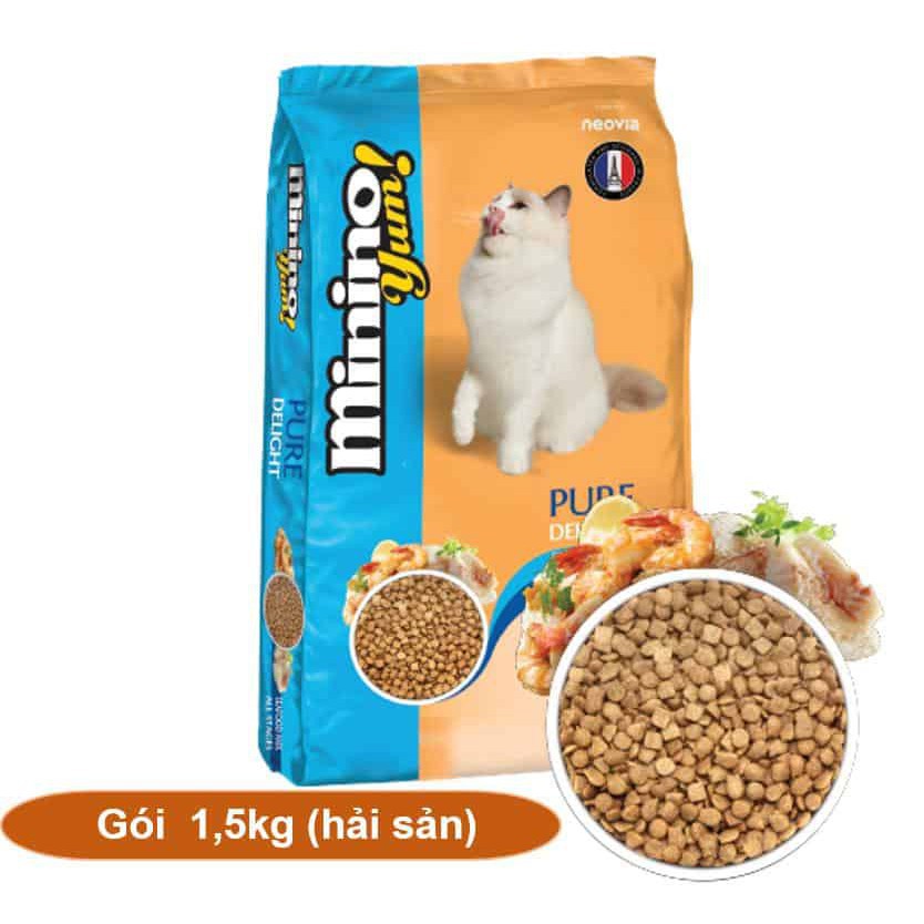 Hanpet.GV- MININO (Vị hải sản &amp; cá ngừ) gói 13,kg và 1,5kg Thức ăn cho mèo, dùng cho mèo mọi lứa tuổi (hạt mèo khô)