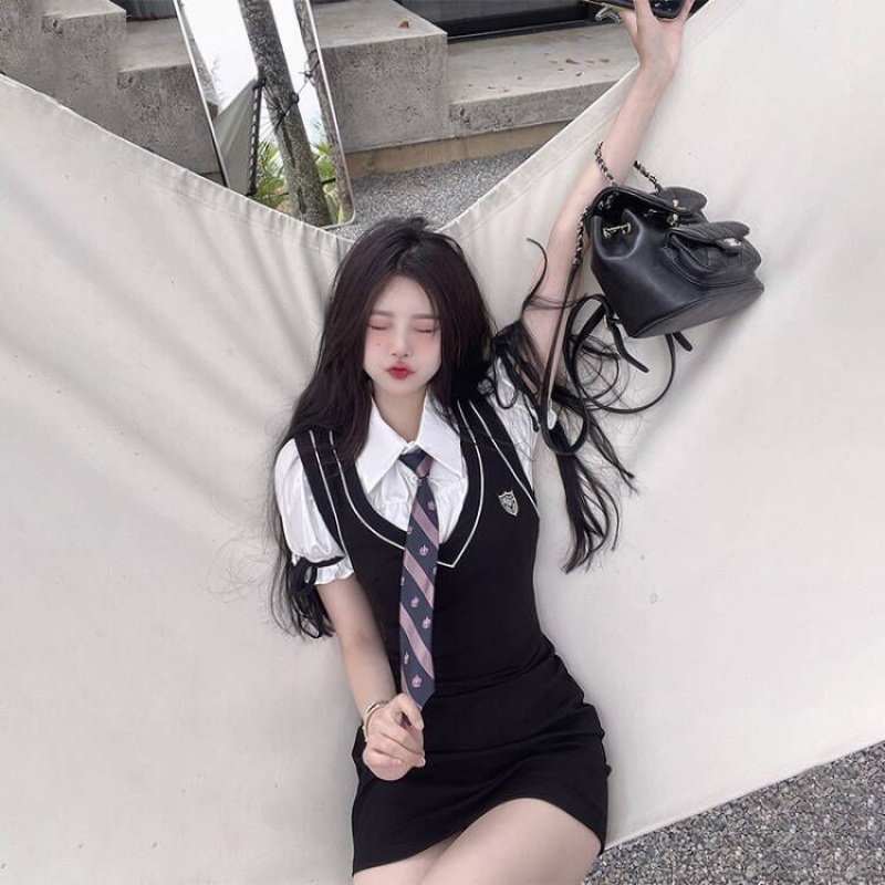 Bộ Đồng Phục Giả Hai Mảnh Gồm Áo Tay Phồng Và Túi Phồng Phong Cách Preppy Ngọt Ngào Cho Nữ