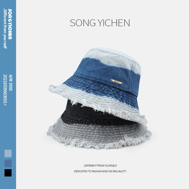 Mũ Bucket Chất Liệu Denim Màu Sắc Tương Phản Phong Cách Retro Nhật Bản Cho Nam Nữ