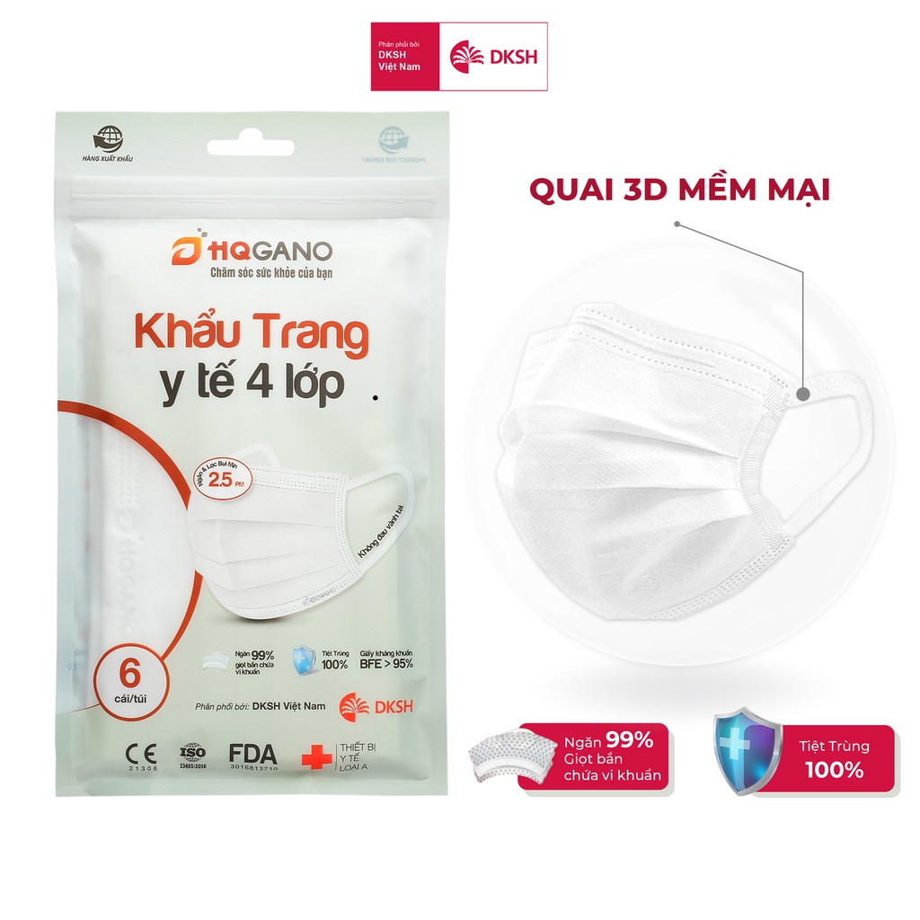 (Gói 6 chiếc) Khẩu trang y tế HQGANO 4 lớp chống bụi mịn, kháng khuẩn, không mùi