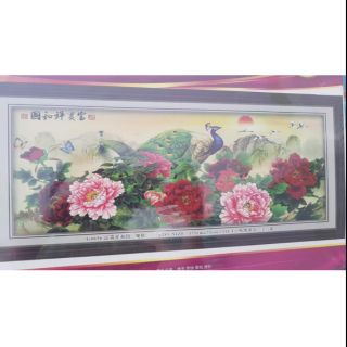 Tranh thêu chữ thập 3d chim công hoa mẫu đơn tuyệt đẹp (hình hộp thật )