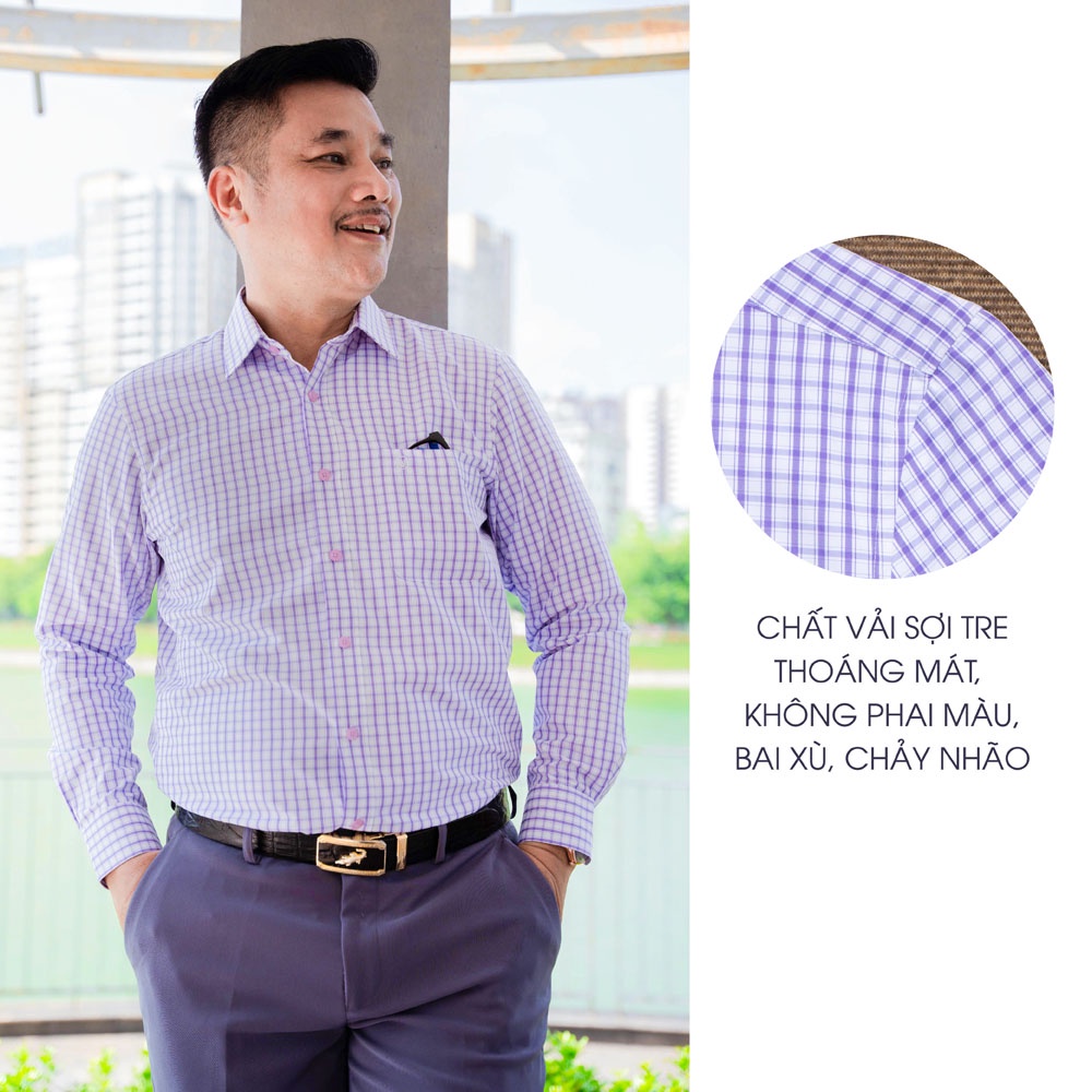 Áo Sơ Mi Nam Dài Tay Trung Niên ANCHI Sợi Tre Hoạ Tiết Caro Bamboo Tím