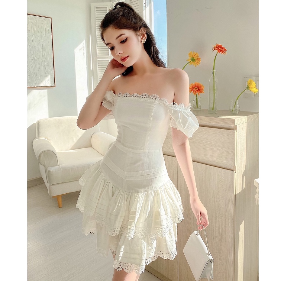 CHITS- Lily dress thiết kế tay áo bồng mặc được 2 kiểu, váy 2 tầng viền ren cao cấp