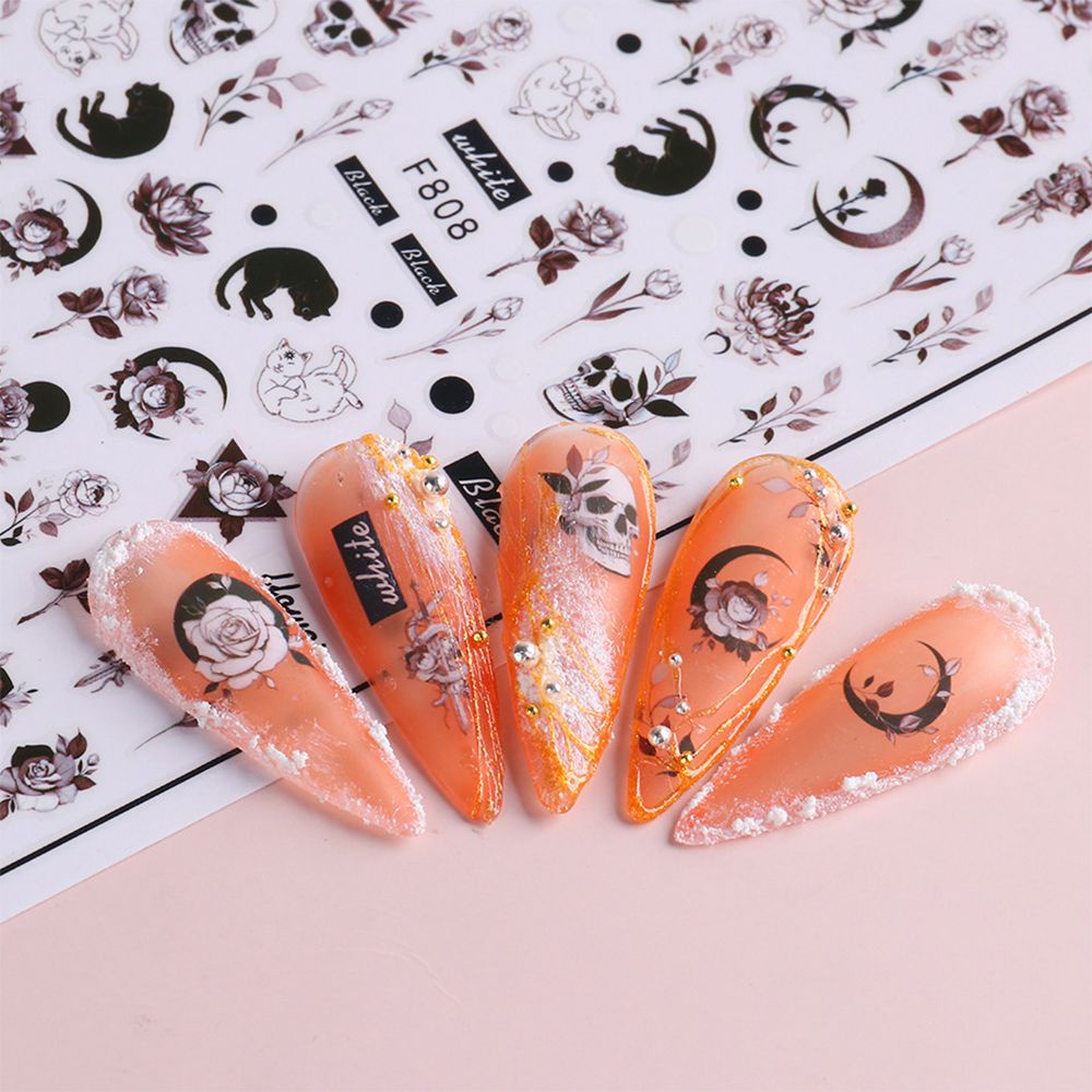 Sticker Rỗng Dán Trang Trí Móng Tay 3D Màu Trắng Đen Họa Tiết Hoa Lá Phong Cách Gothic