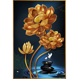 Tranh Hoa Sen Vàng nghệ thuật trang trí nhà hàng chay quán chay bóng kiếng và vải canvas BK_0072