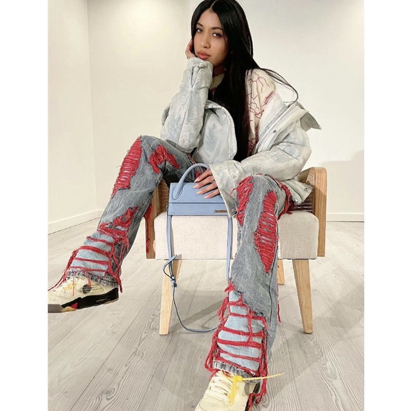 Quần Jean Ống Rộng Thêu Họa Tiết Phong Cách hiphop Đường Phố Kiểu Âu Mỹ 9UUo