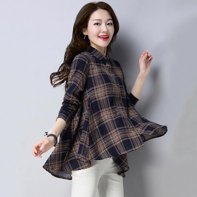 Áo sơ mi form rộng cổ bẻ họa tiết sọc ca rô thanh lịch và điệu đà cho nữ