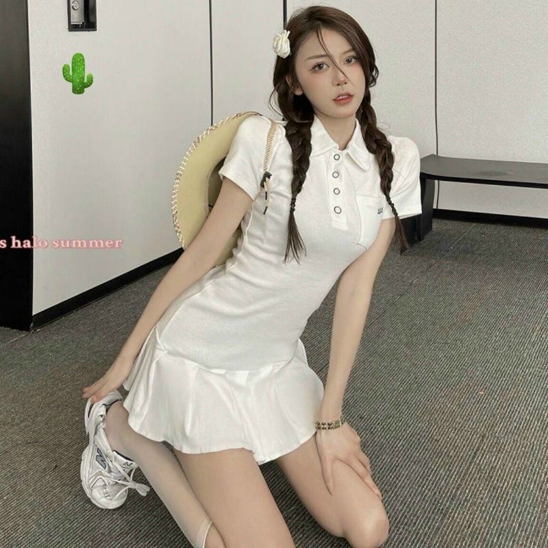 Đầm ôm tay ngắn cổ polo phối xếp ly xinh xẻo