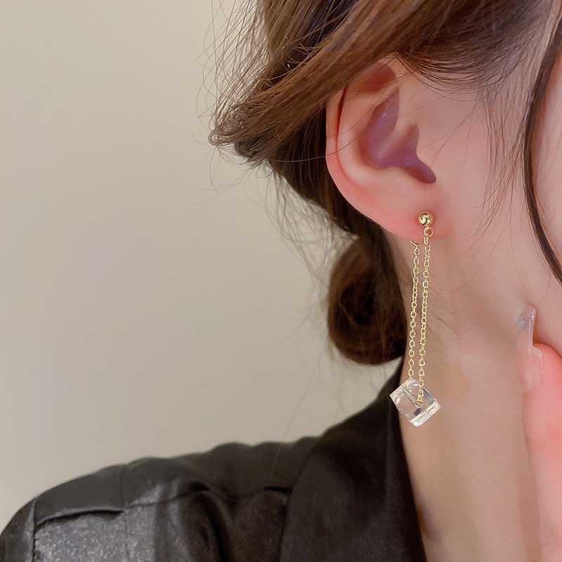 Bông Tai Hình Khối Lập Phương Bằng Kim Loại Trước Và Sau Phong Cách Hàn Quốc Thời Trang 2022