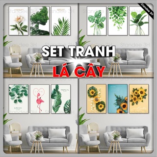 Tranh treo tường canvas khung gỗ 3 bức phong cách hiện đại Bắc Âu tranh lá cây trang trí phòng khách phòng ngủ spa |3H