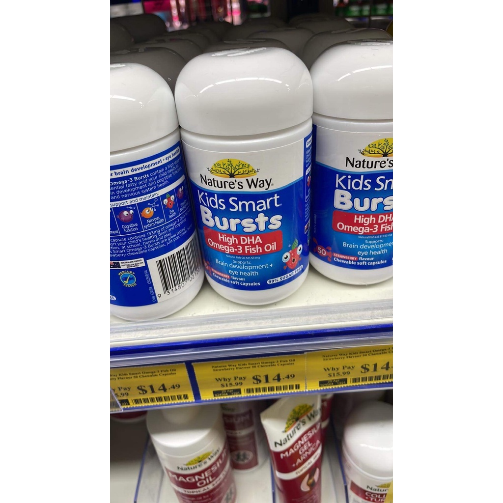 Dầu cá kèm DHA mùi dâu cho bé Nature's Way Kids Smart Bursts High DHA Omega-3 Fish Oil Strawberry - Hàng Úc đủ bill