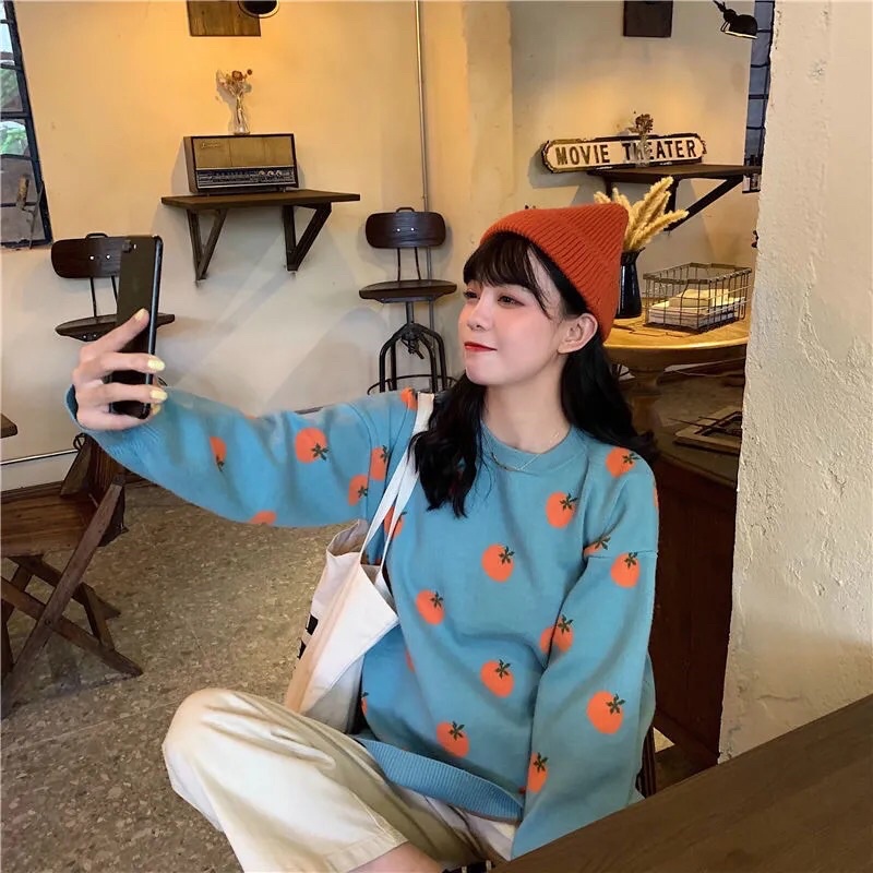 Áo len dáng Hàn Quốc cổ tròn hình quả cam