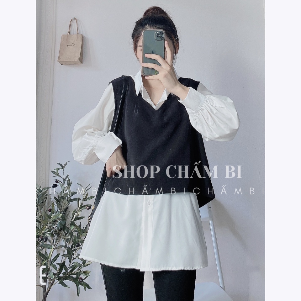 Sét gồm áo sơ mi trắng cổ đức form rộng và yếm gile A.248