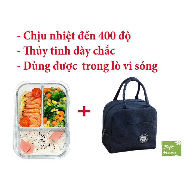 Hộp  2 ngăn, 3 ngăn thủy tinh chữ nhật dung tích 1000ml nắp chống tràn kèm túi đựng cơm giữ nhiệt tráng bạc