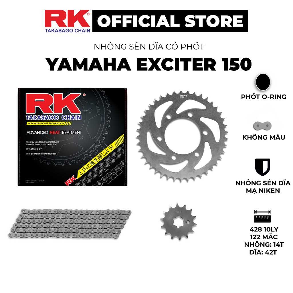 Nhông Sên Dĩa xe máy Yamaha Exciter 150 - Nhông Sên Dĩa RK - Nhông Dĩa thép - Sên có phốt O-ring chuyên tải nặng